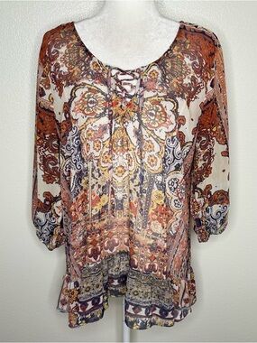 Style & Co. Lace-Up Boho Paisley Blouse - Rust, Cream, Gold
